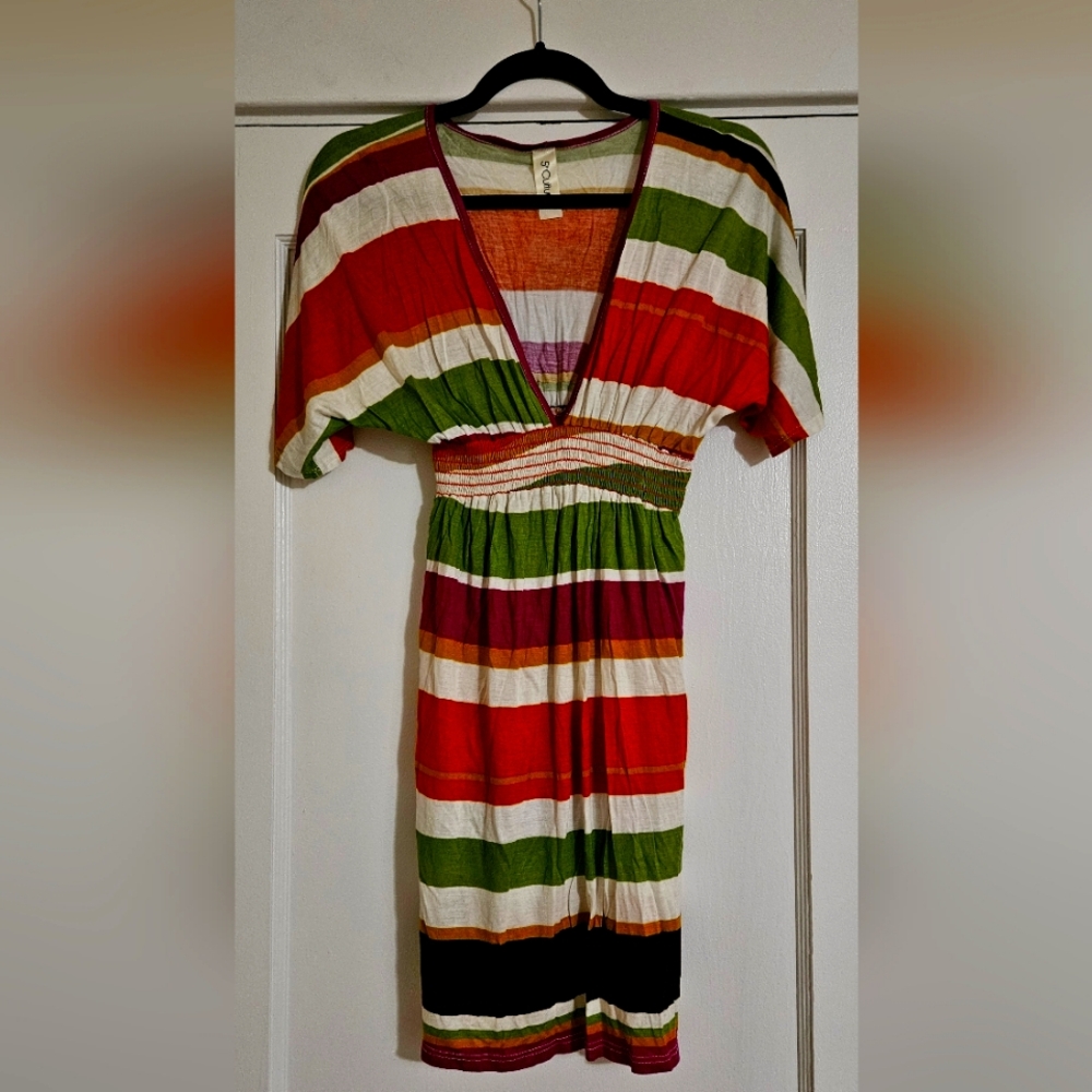 Striped Deep V gathered Waist Dress Size Small